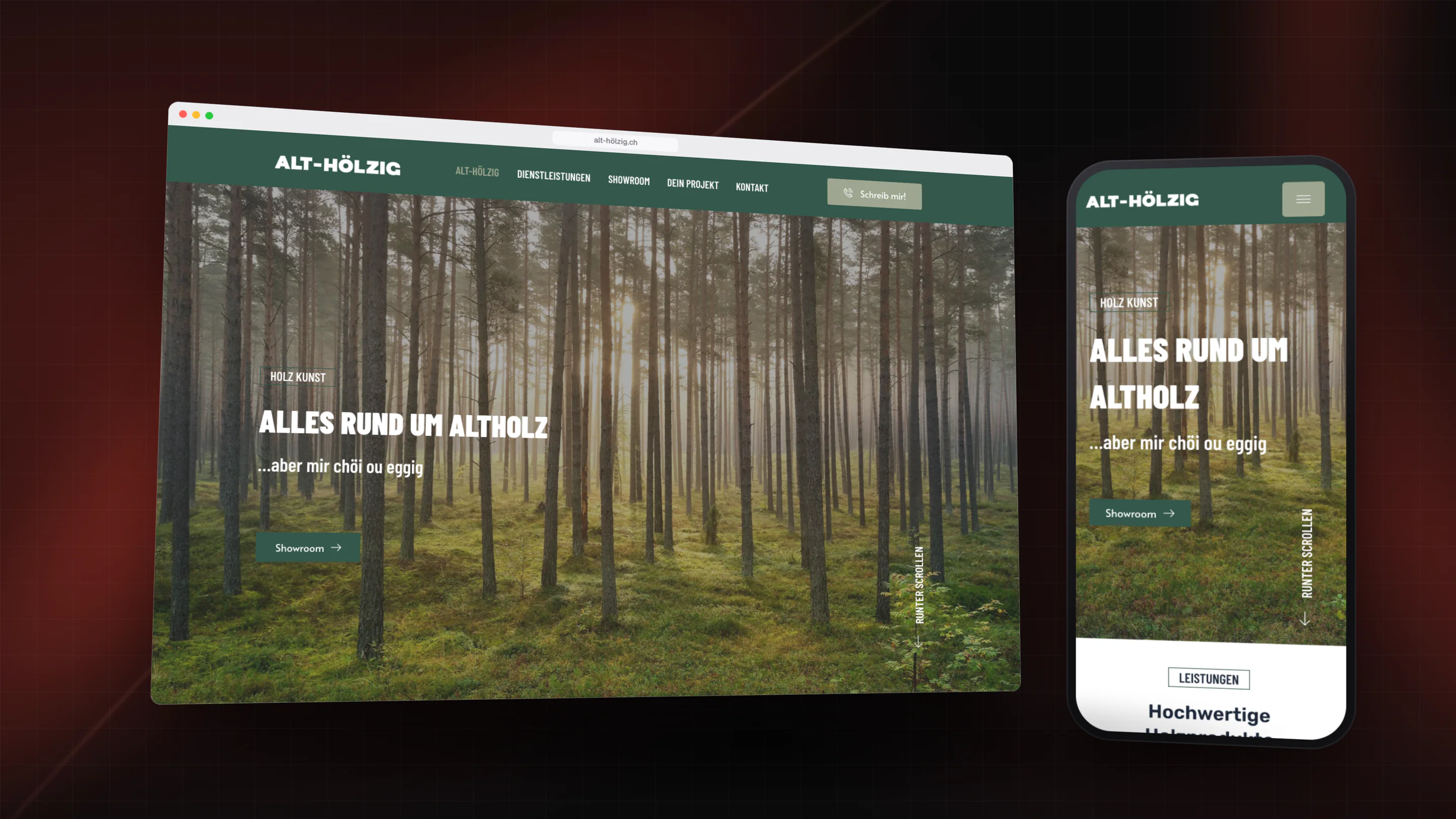 Alt-Hölzig: Startseite «Alles rund um Altholz» mit Wald, am Bildschirm und auf dem Handy
