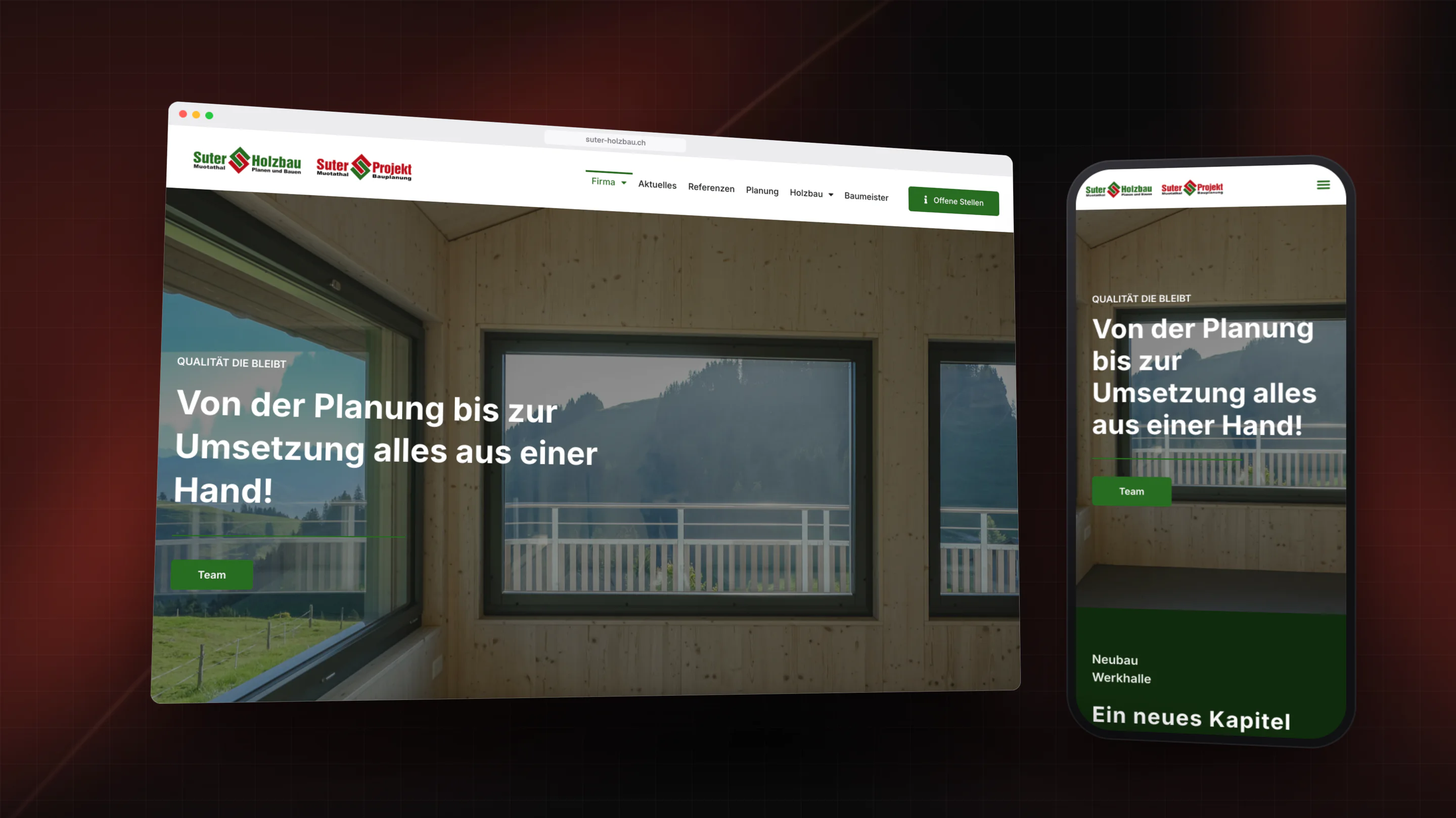 Suter Website: Startseite «Von der Planung bis zur Umsetzung alles aus einer Hand» am Bildschirm und auf dem Handy
